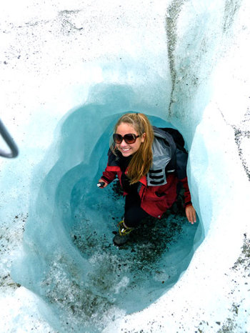 Emily climbing glacier in New Zealand