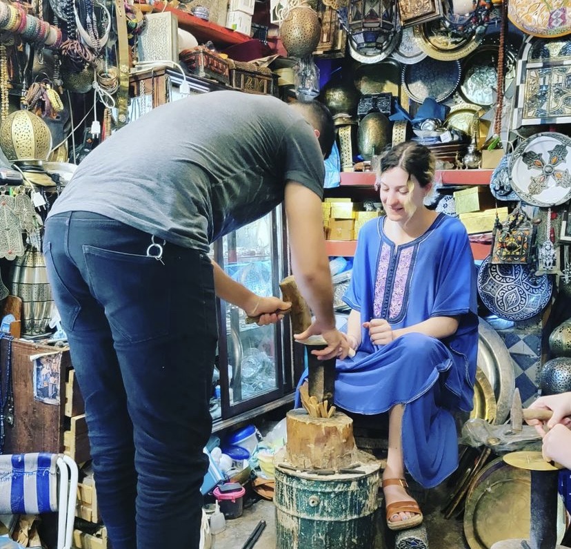 Learning brass work from a local artisan in Chefchaouen!