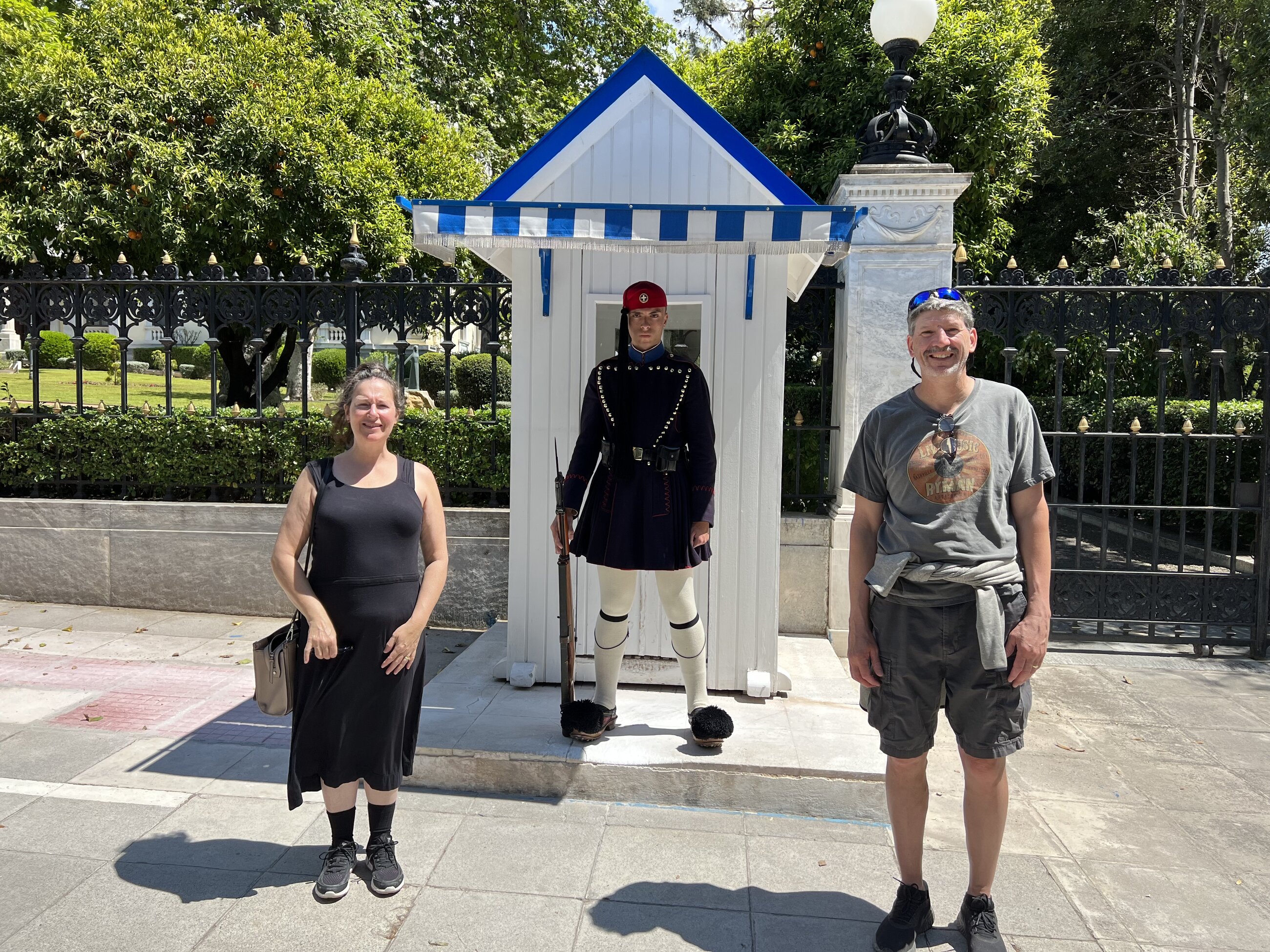 Standing with my husband Dave and Evanzones, a Greek Soldier, in front of the prime minister’s residence, in honor of the fallen soldiers who had given of their lives in all wars, particularly on European soil here.
