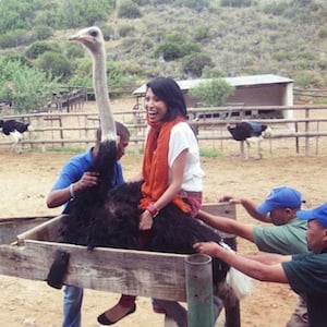 Sangeeta on an ostrich 