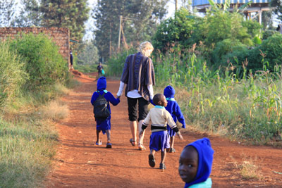 walking with children in kenya