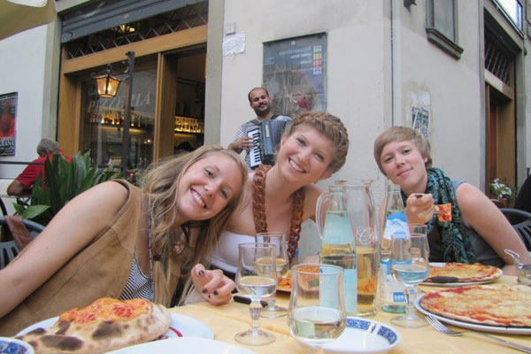 Jeni with some friends eating lunch in Florence, Italy