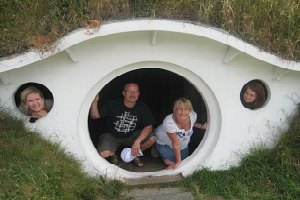 Emelie with her host family at Hobbiton