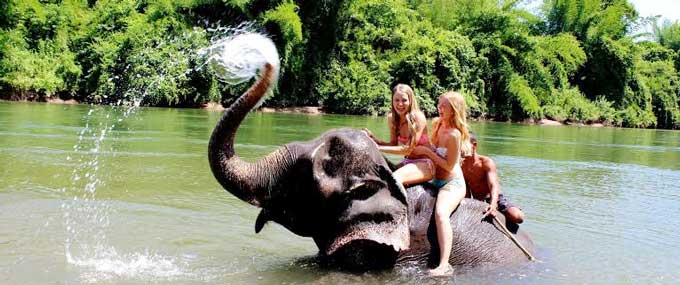 two girls and elephant