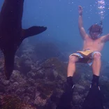 student floating next to a seal underwater while snorkeling in the Galápagos Islands