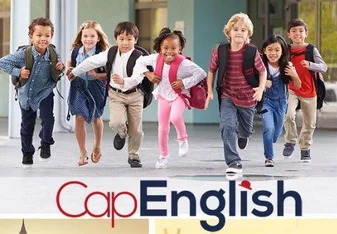 CAPENGLISH logo beneath kids running