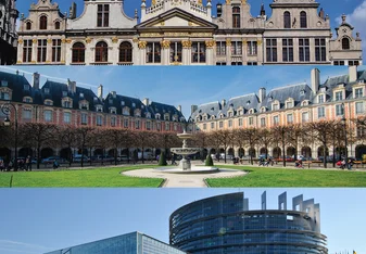 Horizontal images of ornate rooftops, a square with fountain, and a modern building