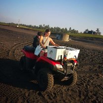 Me son & Jennah on the quad bike on the beach taking the incubated eggs back to the camp