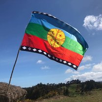 A mapuche flag flies against a blue sky