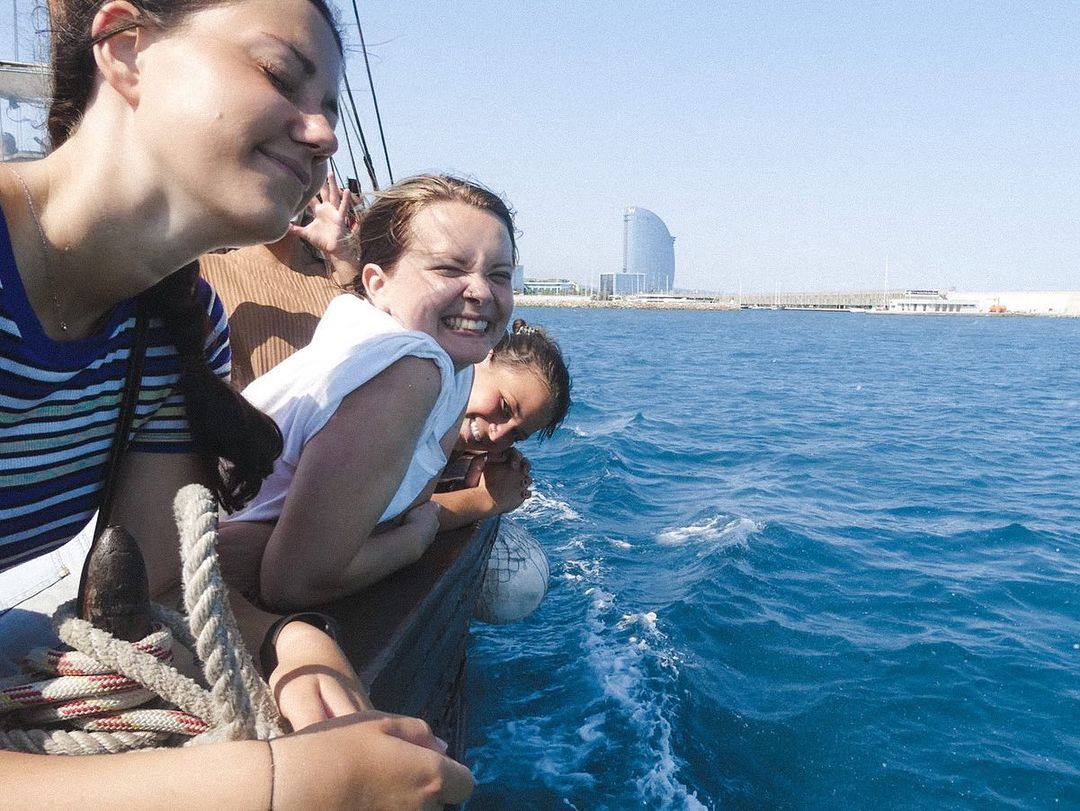 A photo from a class excursion where we took a boat ride on a pirate ship! (Barceloneta Beach in the background)