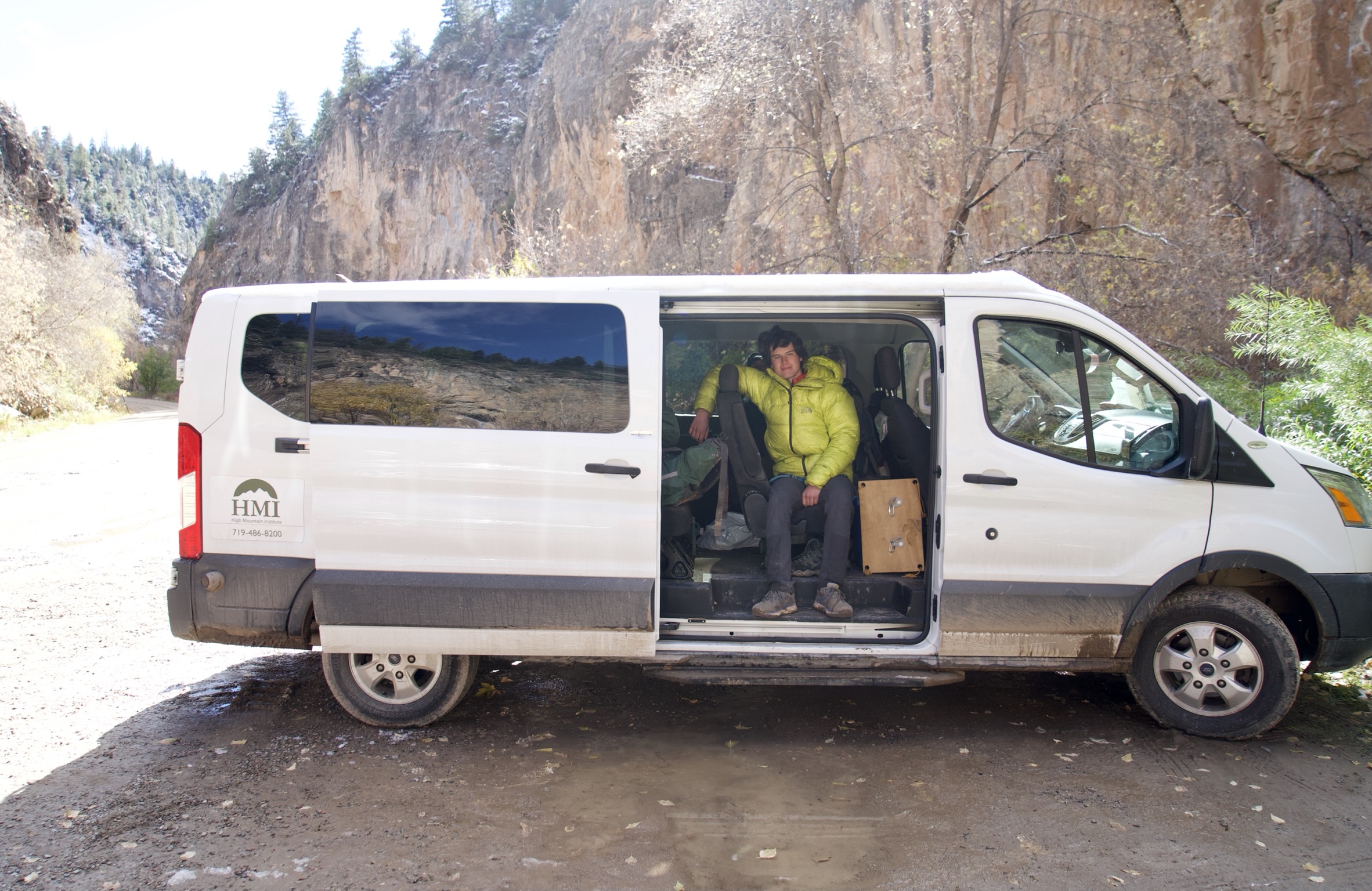 Russ hanging in the van at Rifle Mountain Park after a day of sport climbing in the cold.