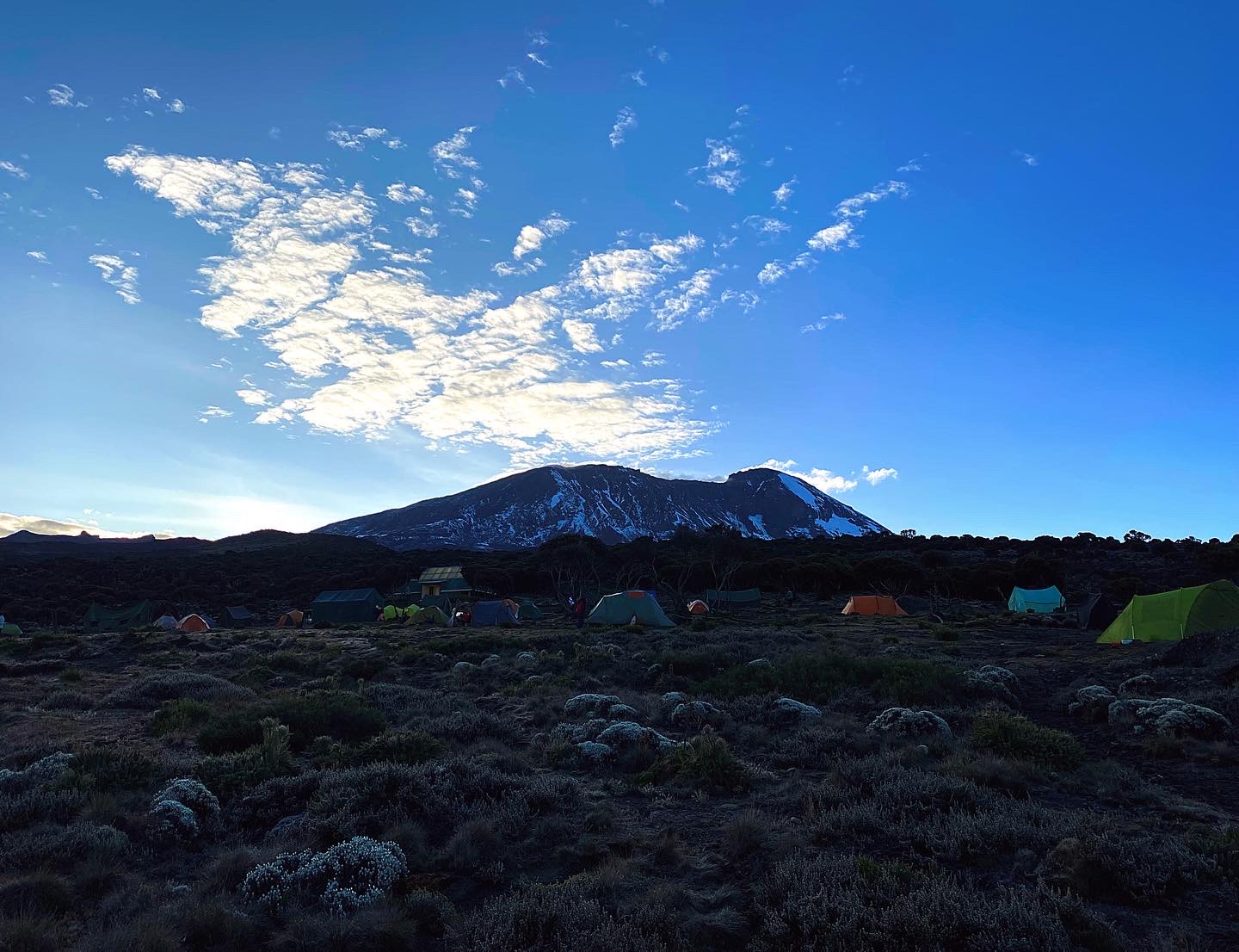 One of the campsites on Mt. Kilimanjaro with a view of the top 