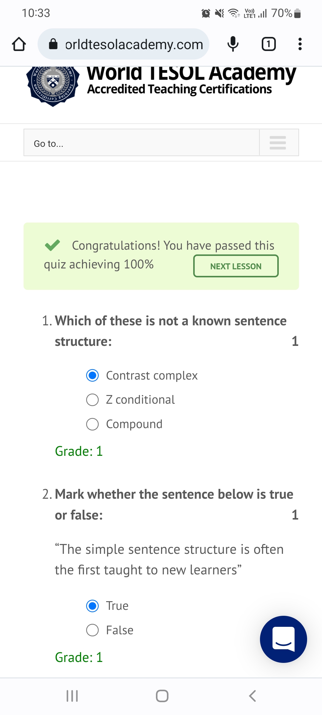 One of my completed quiz