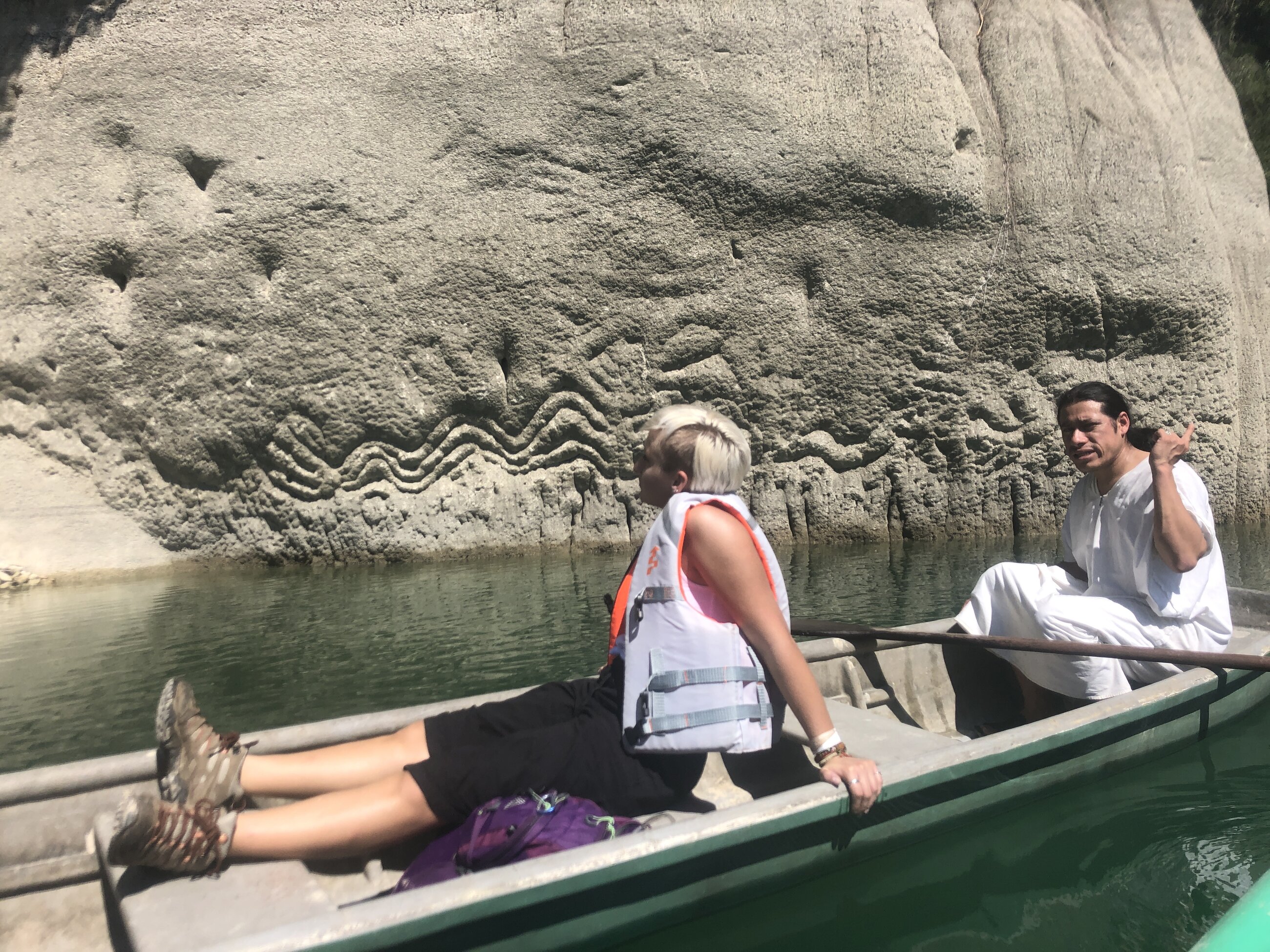 Learning about the carvings along one of lakes in Chiapas MX