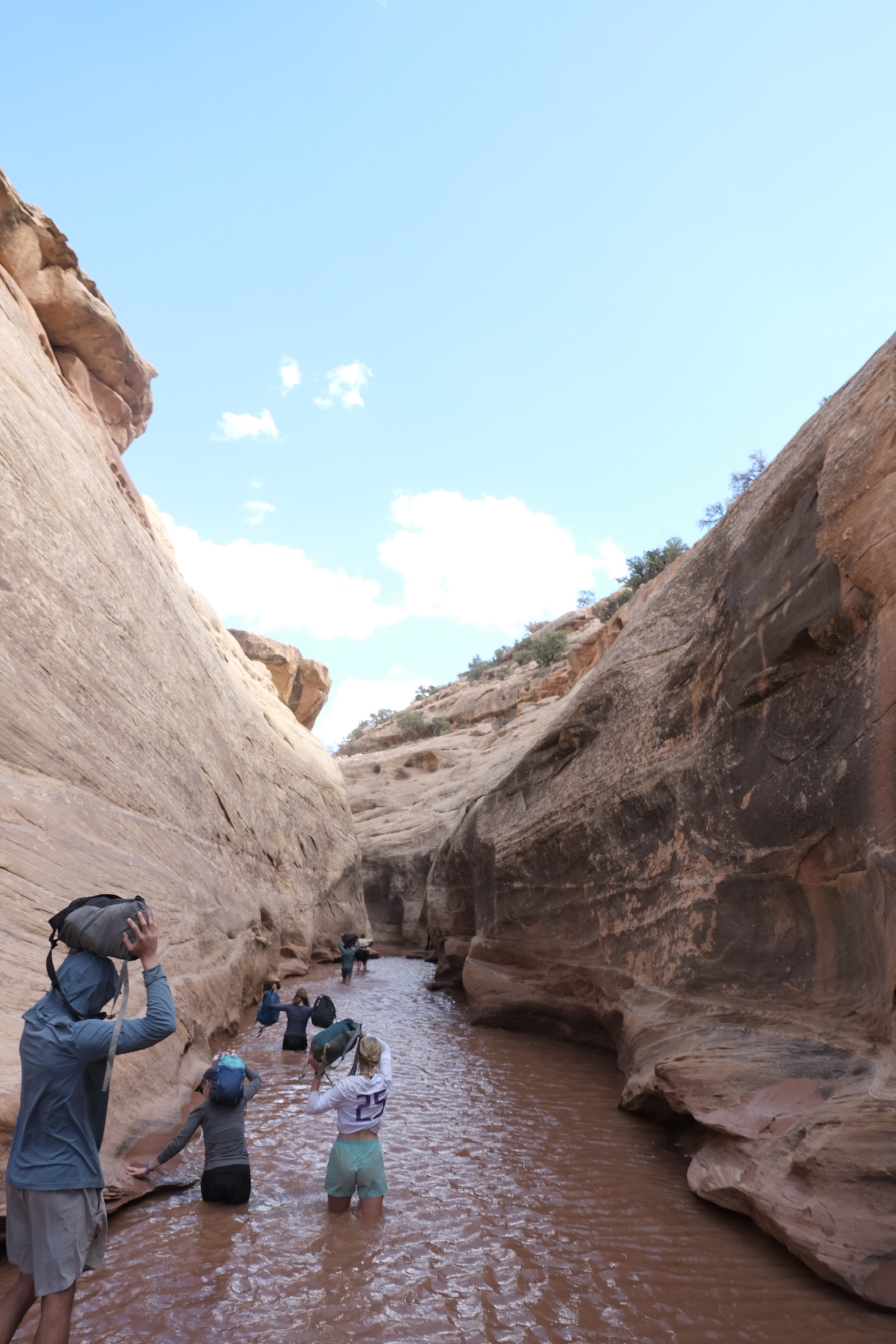 Sport wading through Long canyon of Bears Ears, Utah.