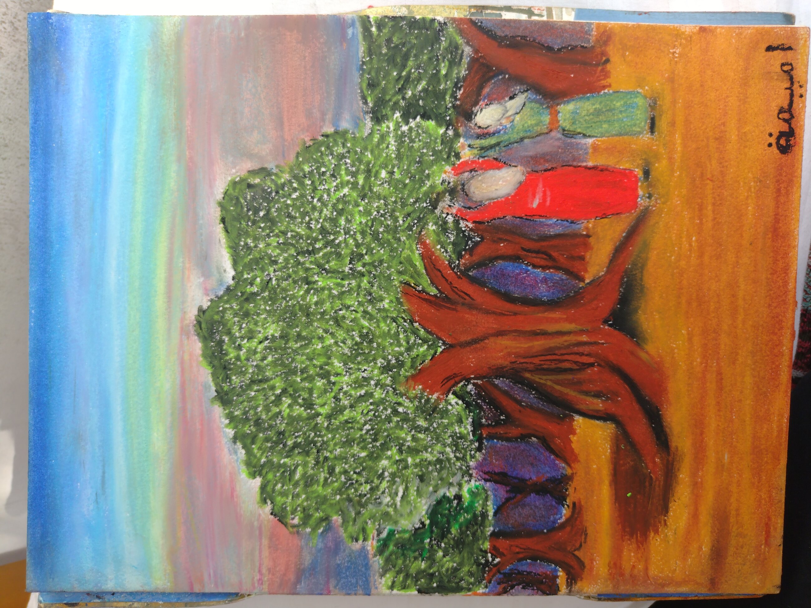 My oil pastel drawing of Palestinian women by an olive tree