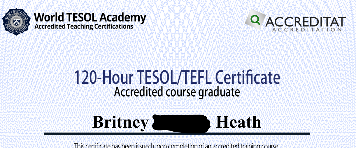 partial screenshot of my 120 hour course certificate