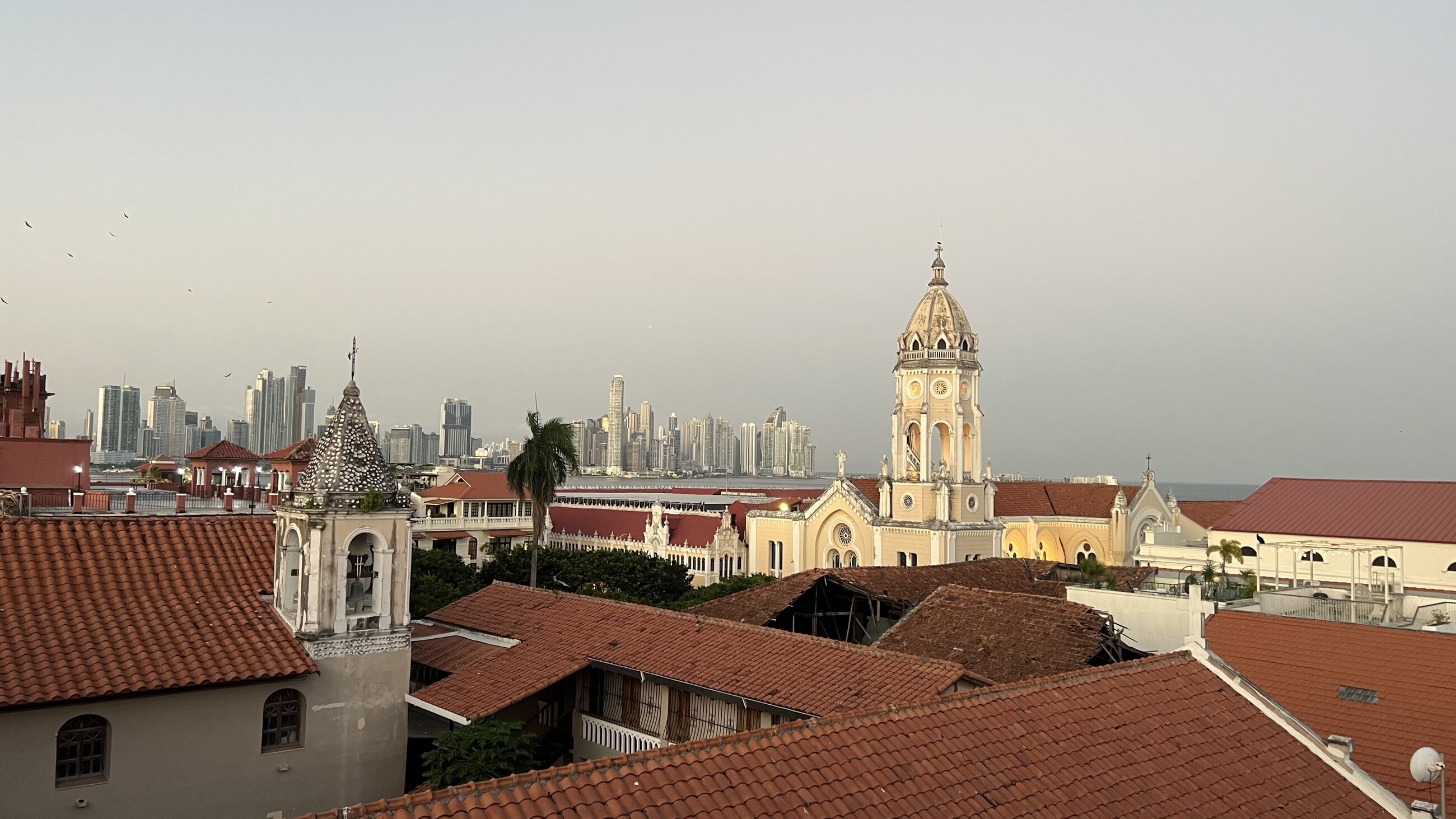 Hotel Central rooftop, Casco Antiguo in front, modern Panama City in background