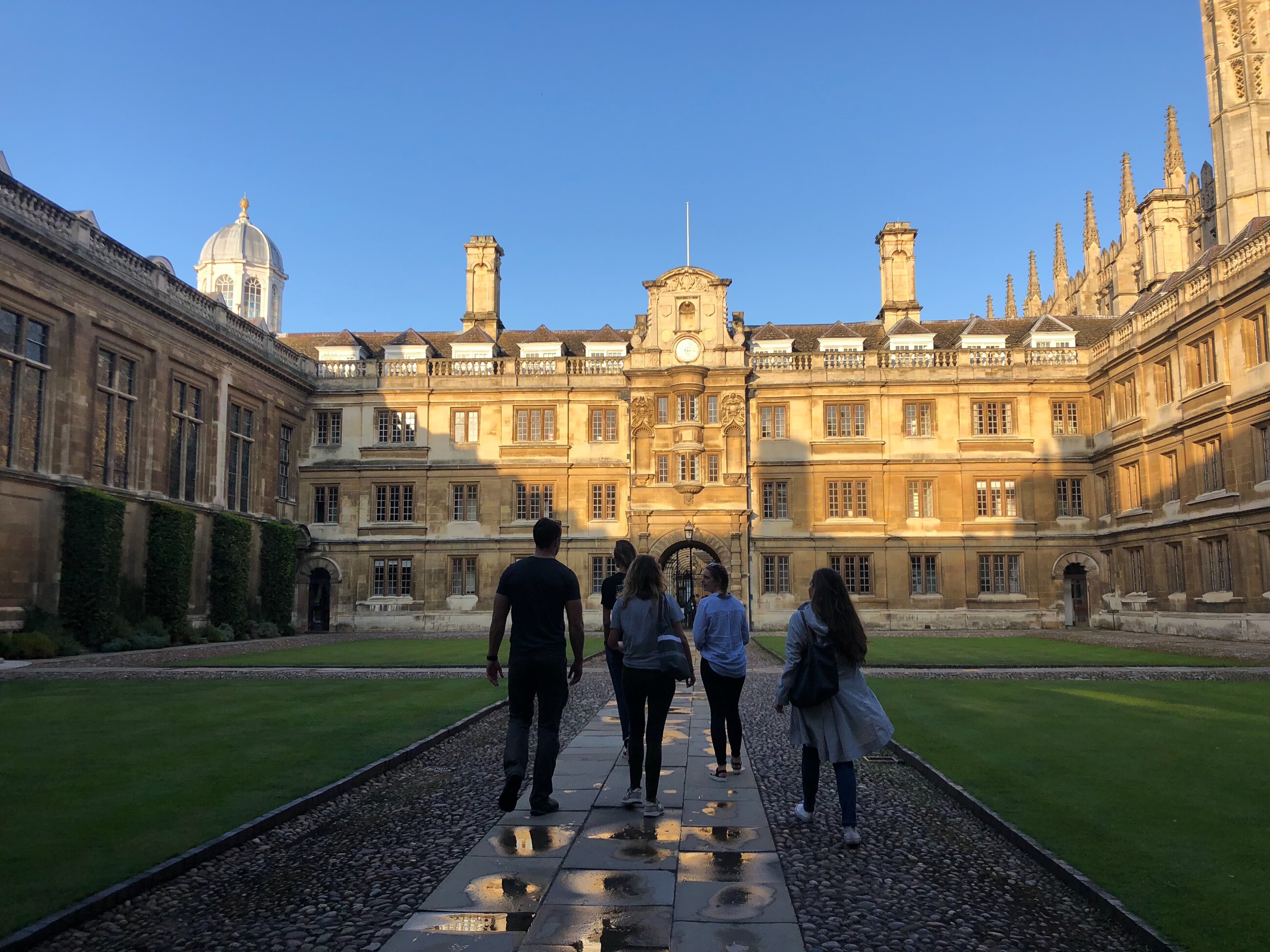 Walking from the dorms to the dining hall at Clare College
