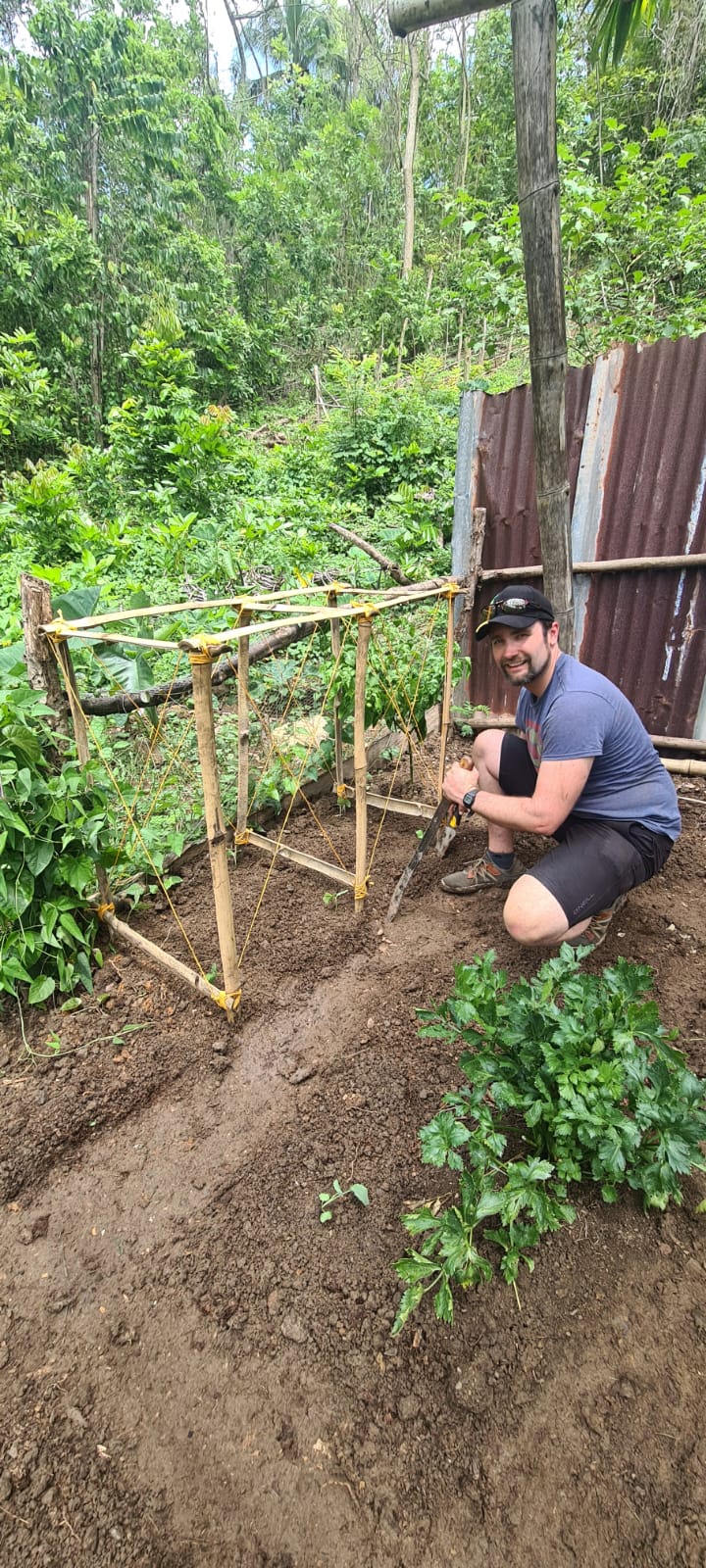 Making a trellis for the cucumber plants we planted!