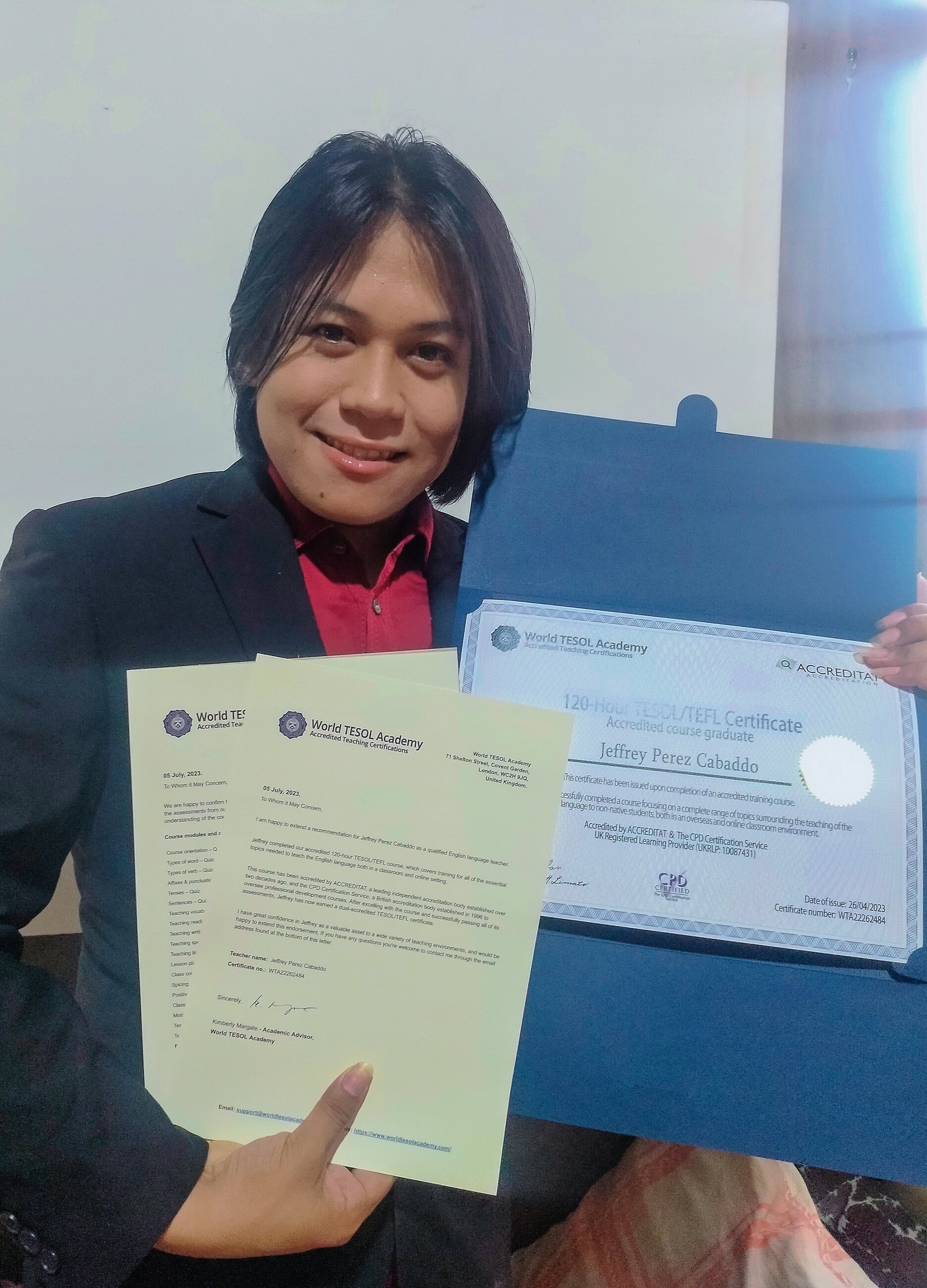 I received it! JEFFREY PEREZ CABADDO graduate of 120-hour TESOL/TEFL Course