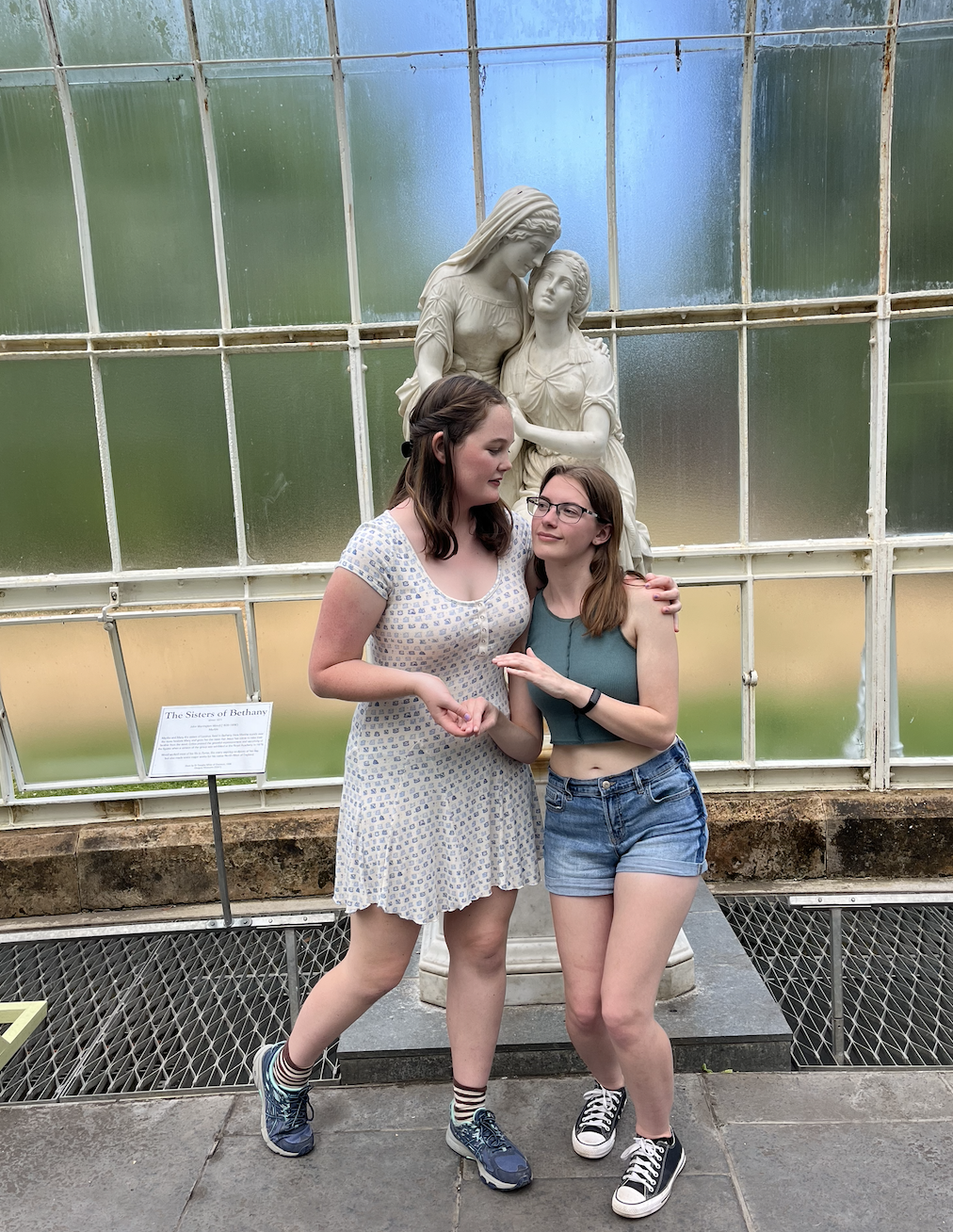My roommate and I impersonating a statue at the Glasgow Botanical Gardens