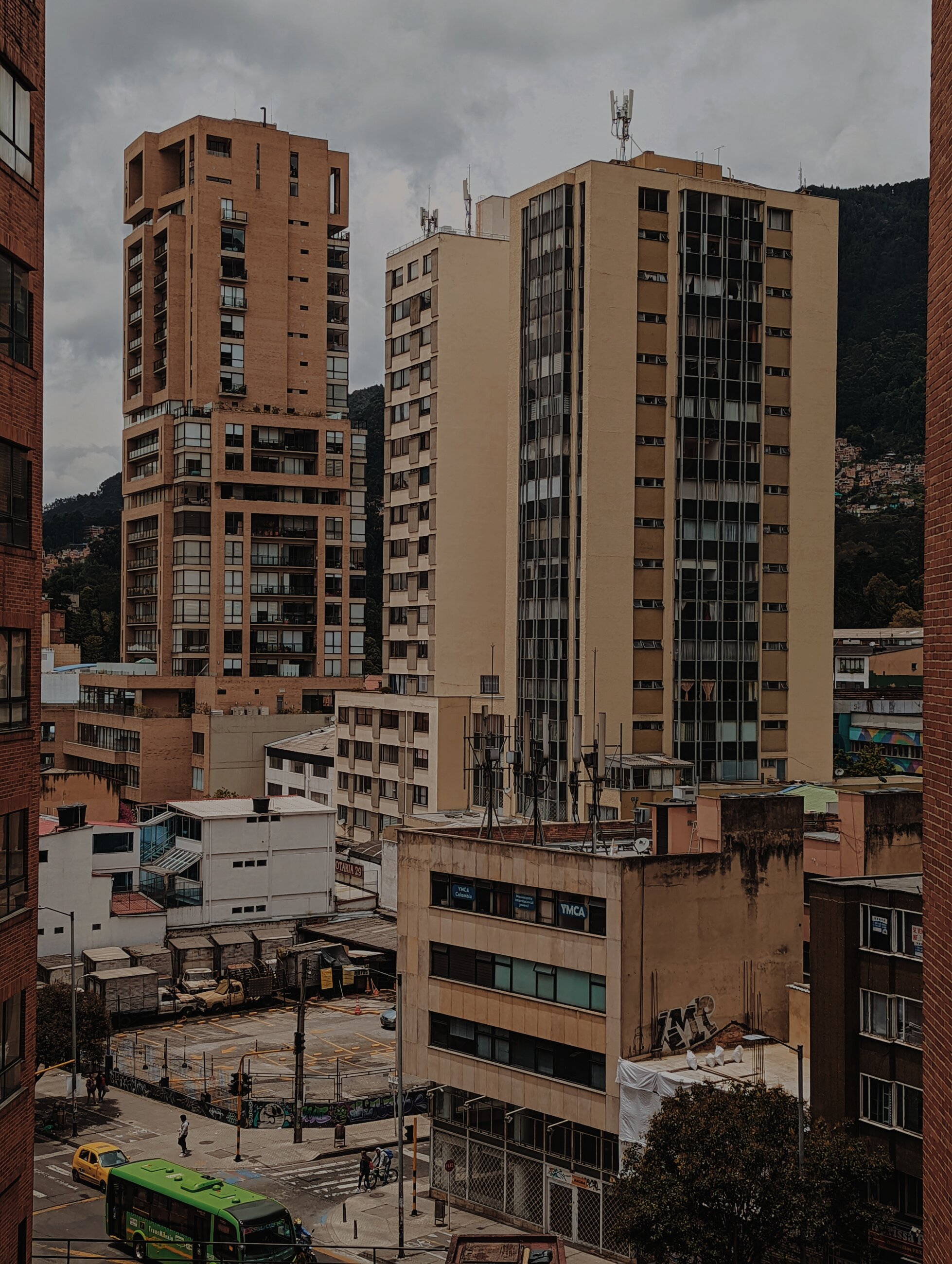 View of the YMCA office and the mountains behind from a nearby apartment