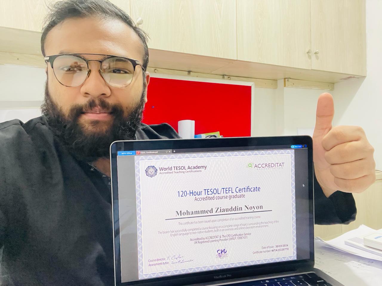 Holding TESOL Certificate.