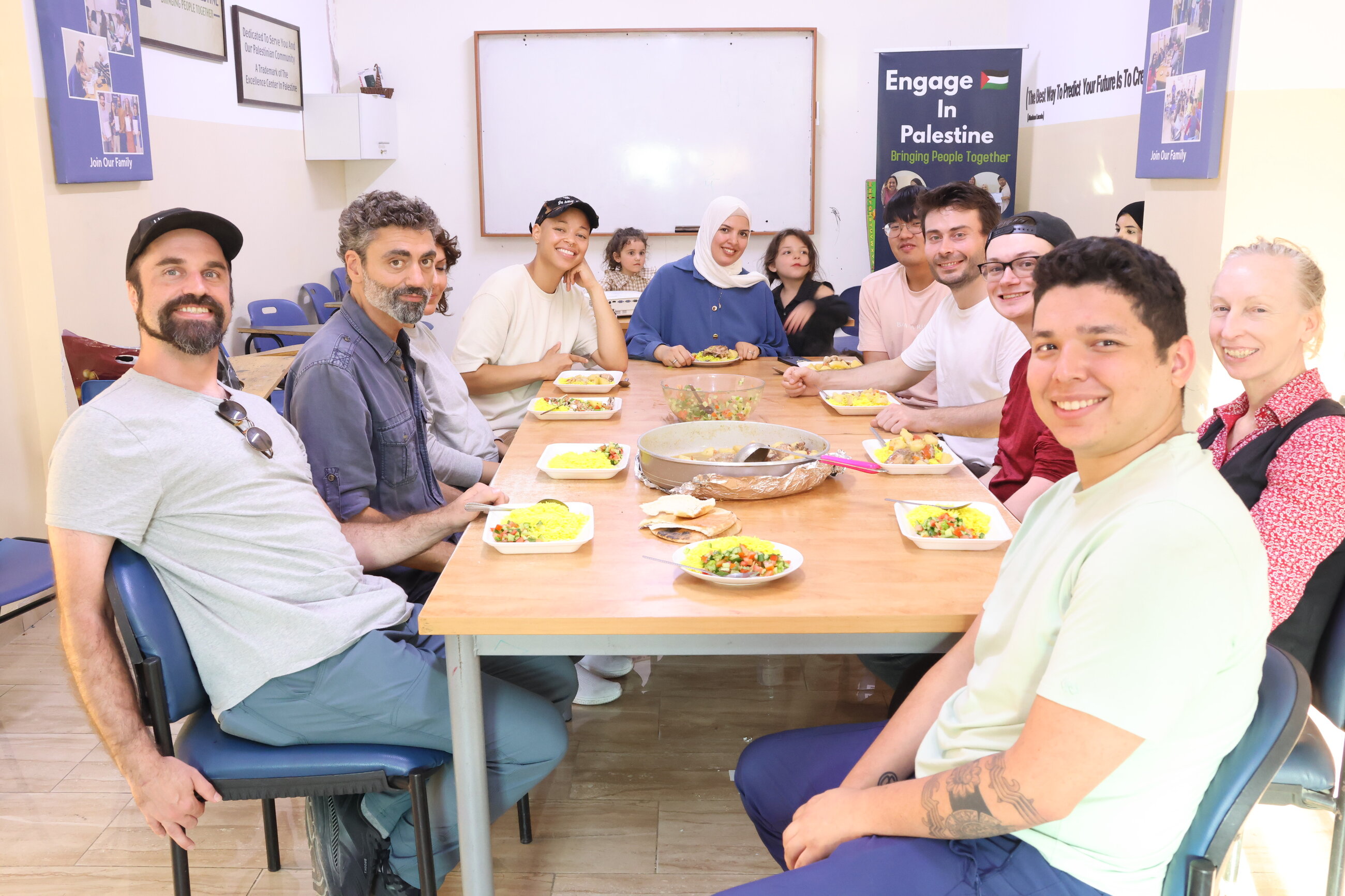 Eating dinner with friends at the centre- we also learnt how to cook Palestinian dishes!