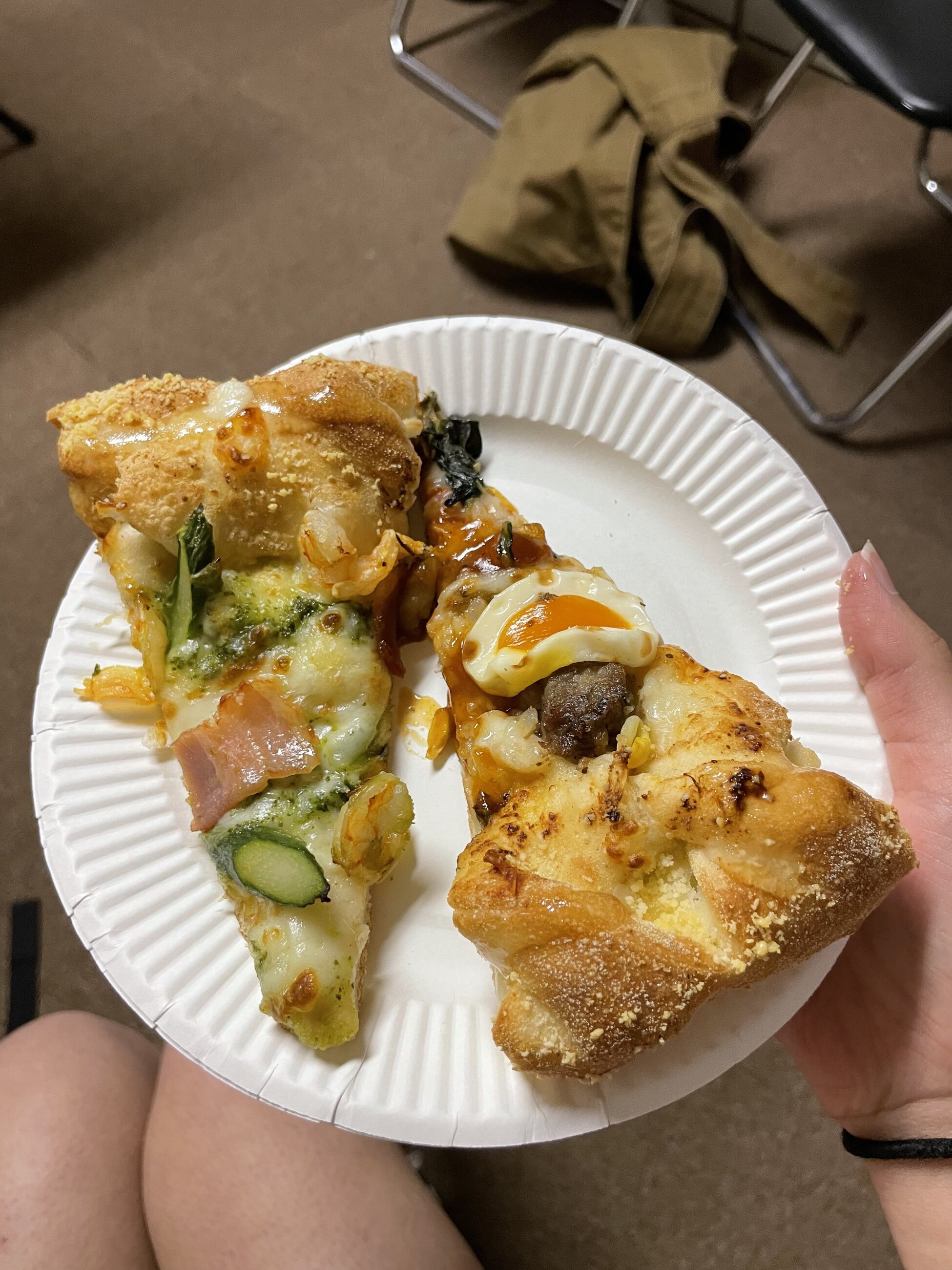 Unique pizza flavors/options from Domino's Pizza in Japan. I don't remember the one on the left but the one on the right was inspired by Korean Bimbimbap! Sooo yummy