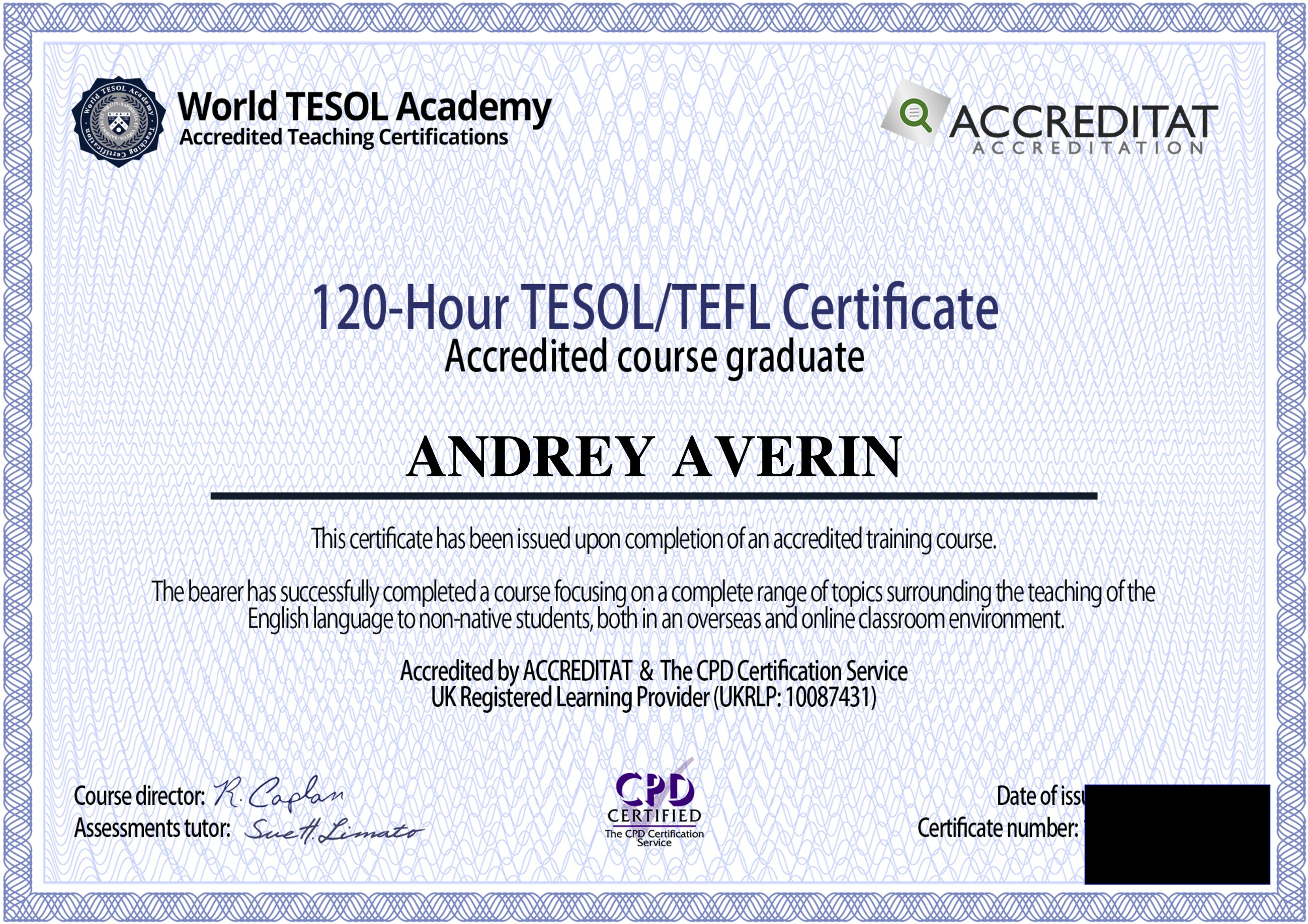 My TESOl/TEFL certificate