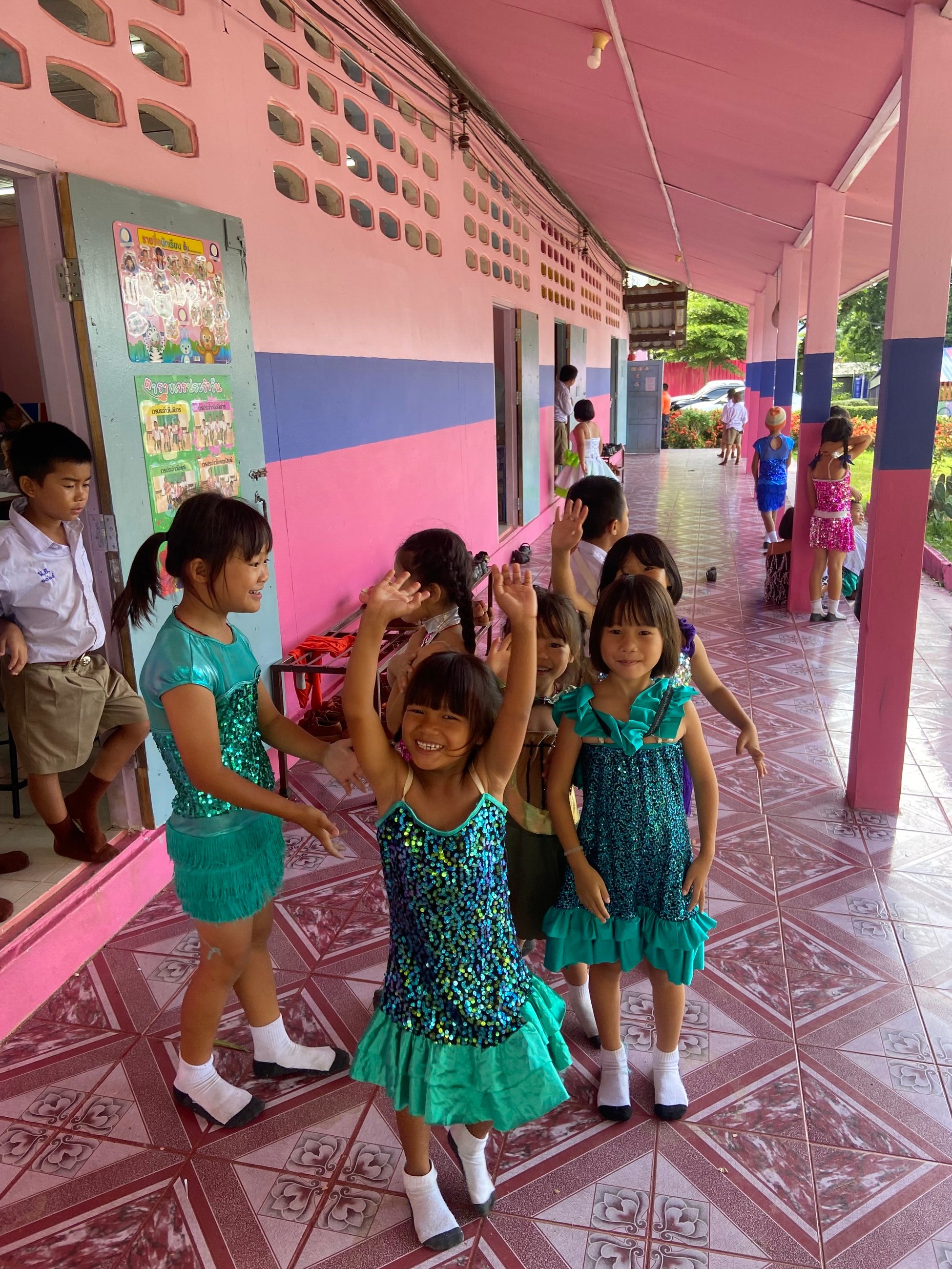 The children getting ready for cheerleading