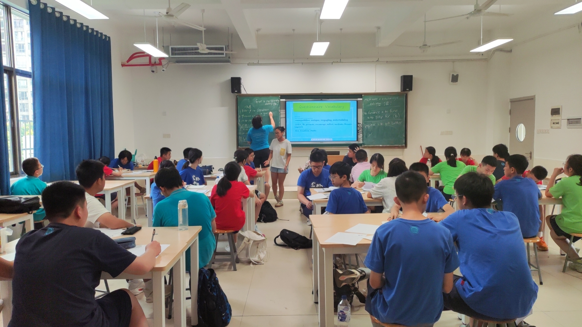 Co-teaching our class of almost 40 8th graders during orientation.
