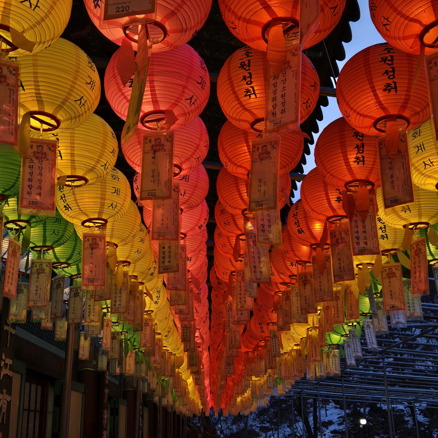 Lanterns at dusk from Hwagyesa temple in Seoul~