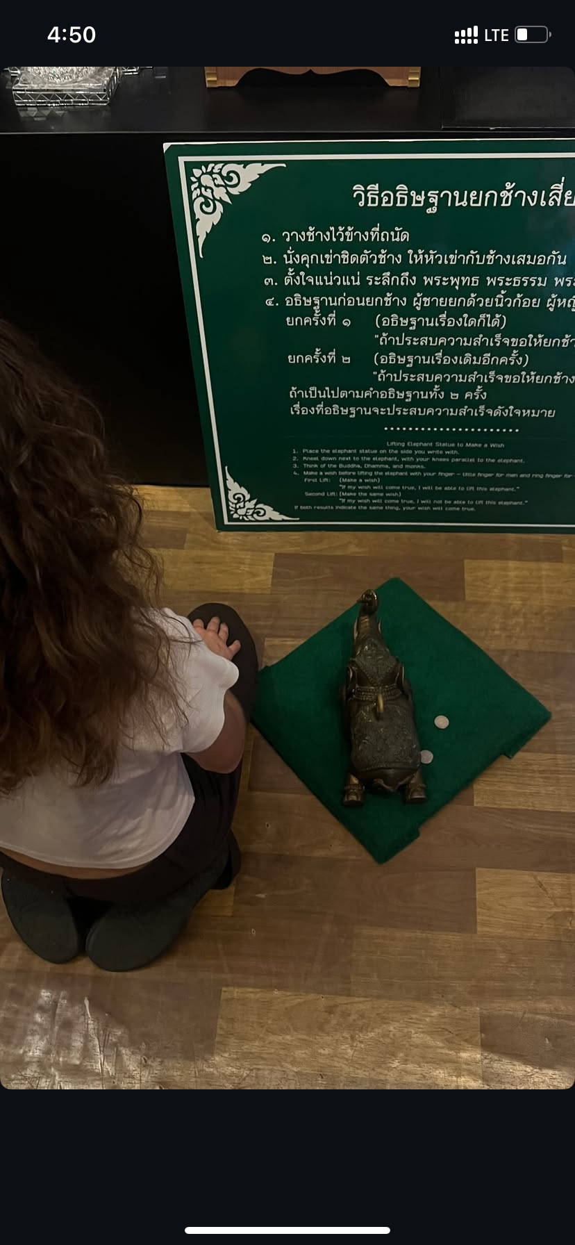 Praying next to a lucky elephant for good fortune 