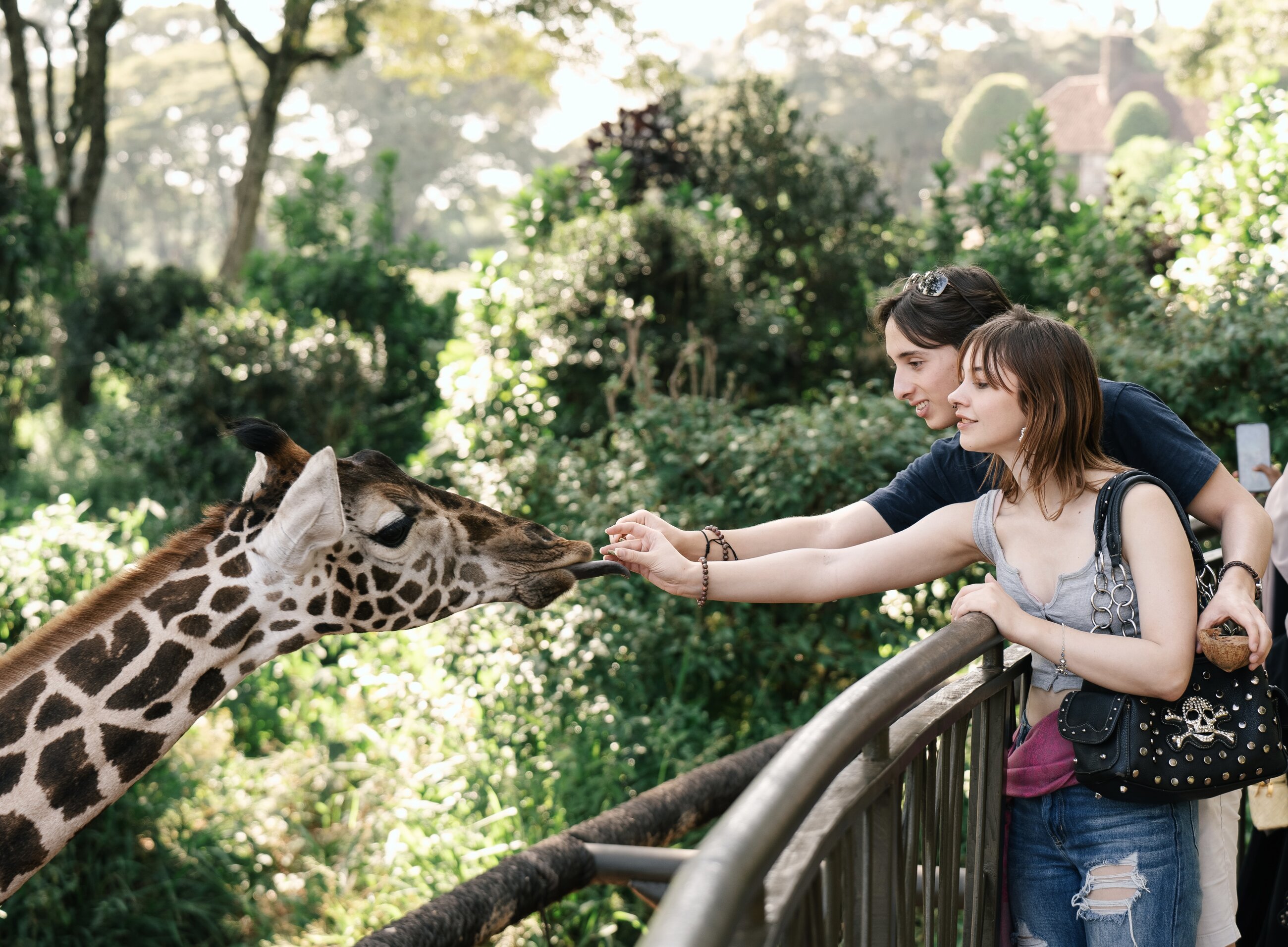 My girlfriend and I feeding a giraffe in Nairobi, Kenya
