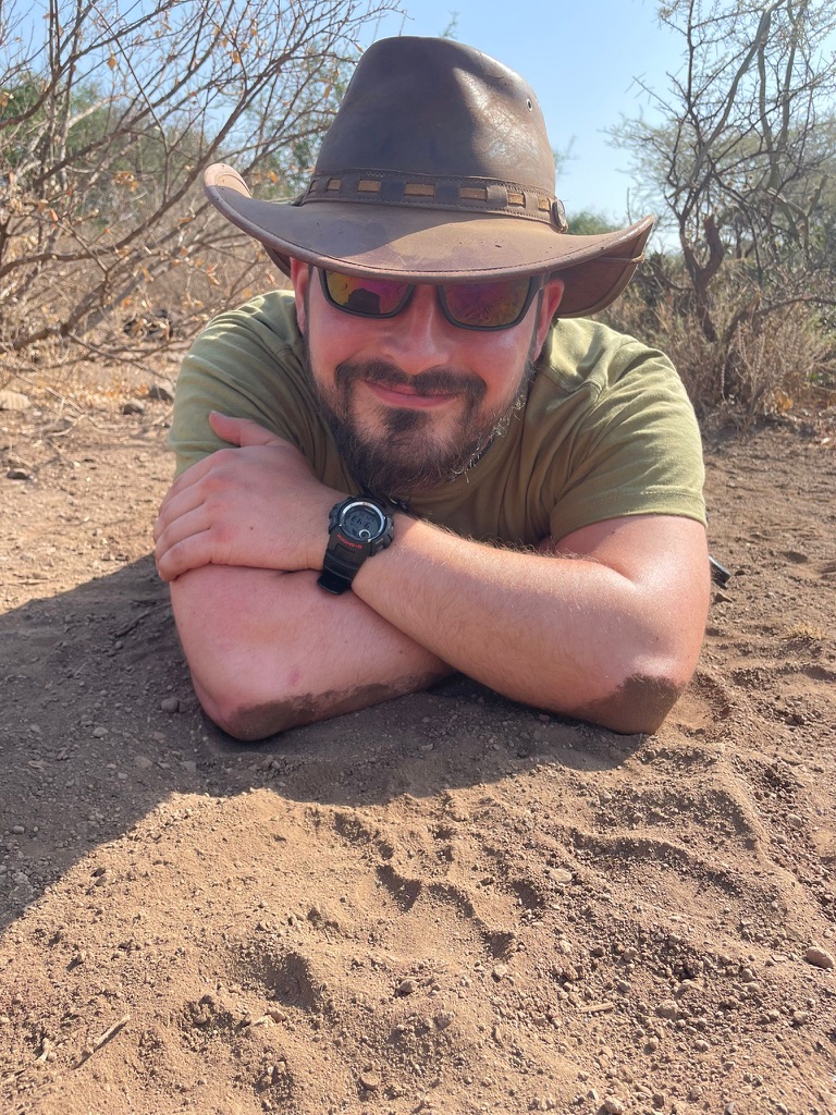 Overlooking a fresh hyena track in the sand