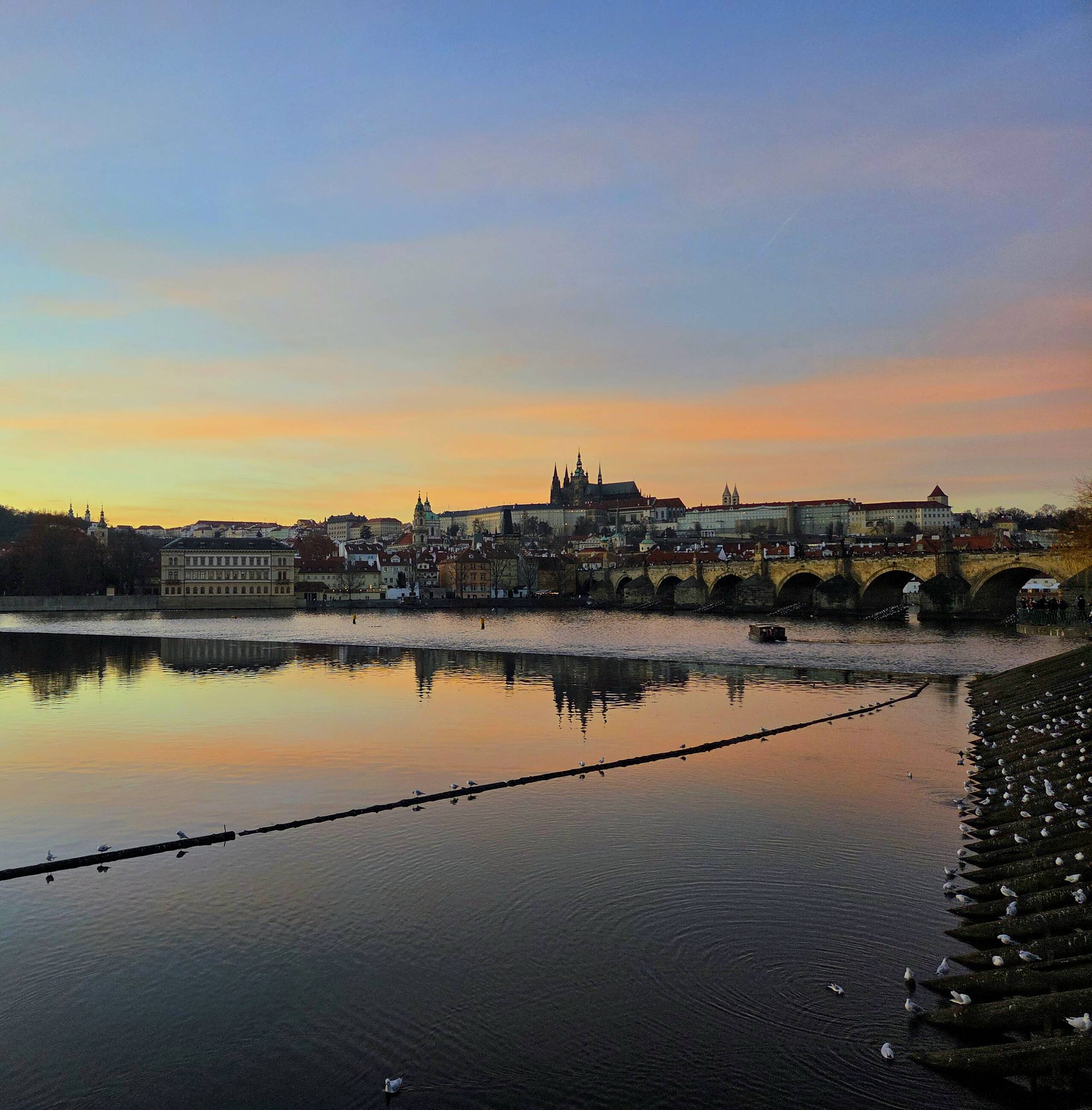 View of Charles Bridge during sunset 