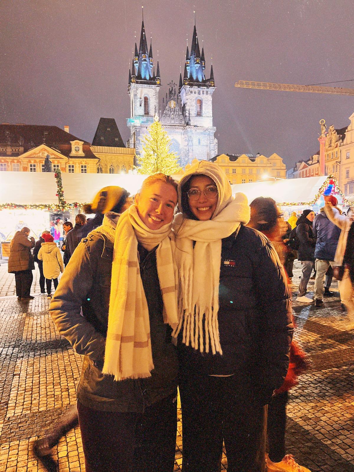 The famous square in Prague where the largest Christmas market is held and is beautiful at night.