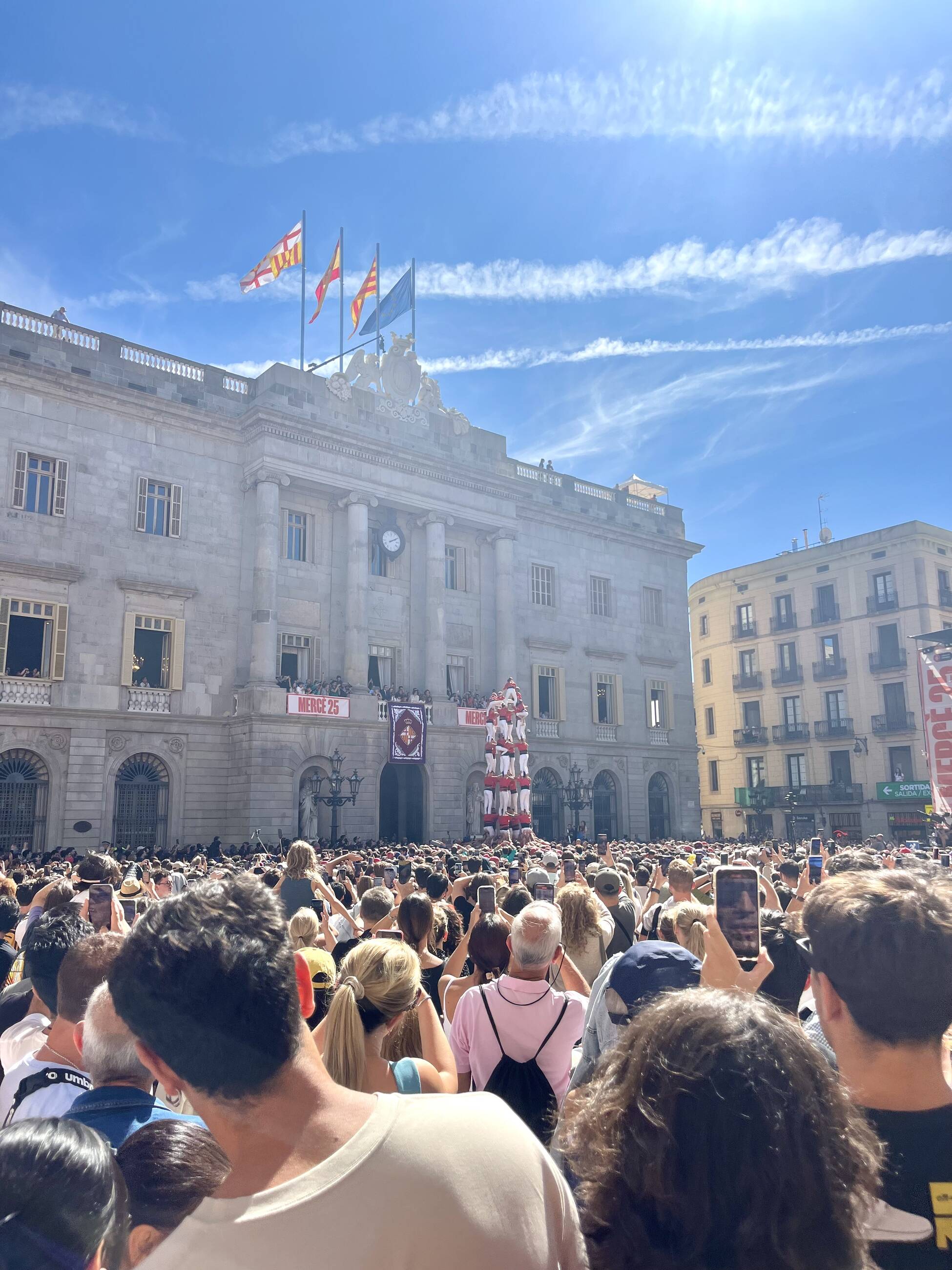 The construction of human towers, known as "castells", during Barcelona's largest annual celebration, La Mercè.