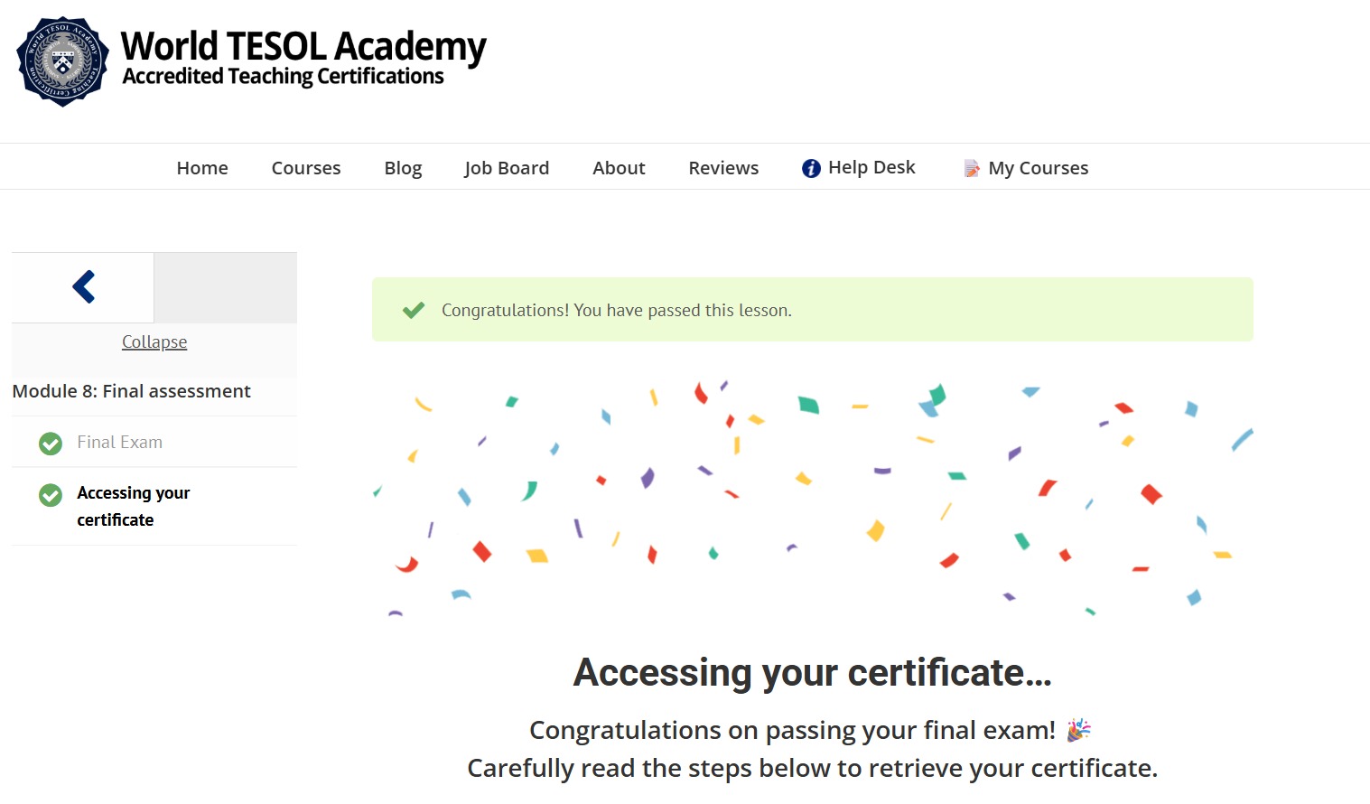 Final assessment result confirming my successful completion of the course.