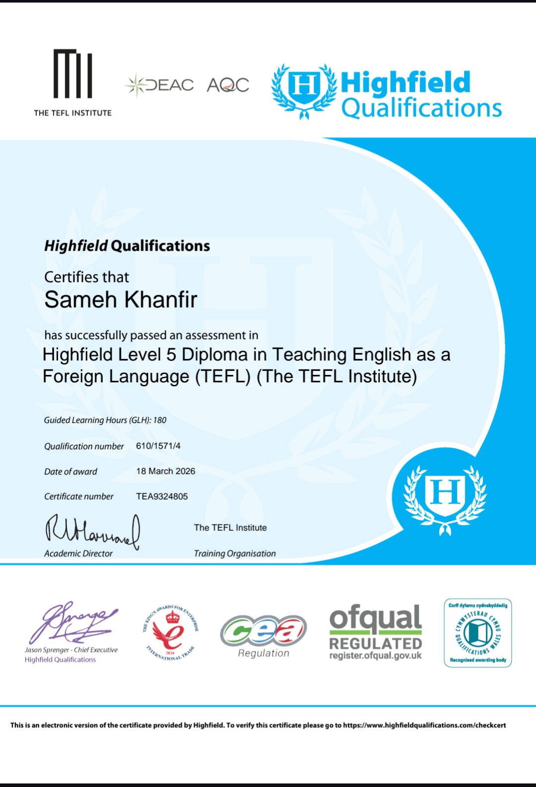 The Highfield Level 5 Diploma in Teaching English as a Foreign Language (TEFL)