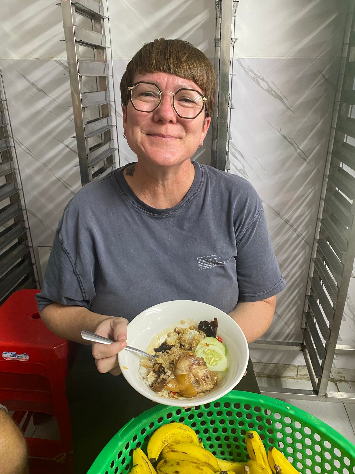 Having lunch in the kitchen after our day was finished