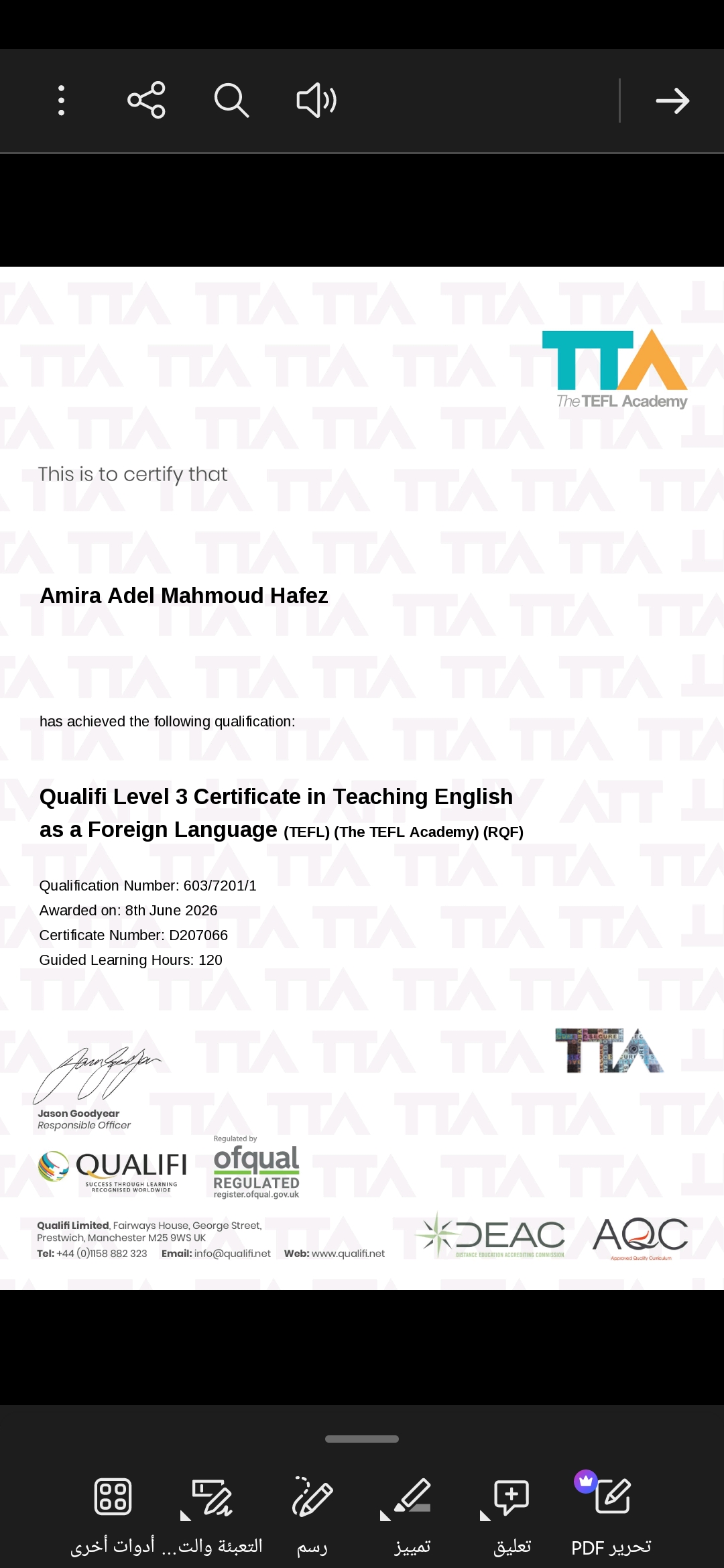 My Level 3 TEFL Certificate from The TEFL Academy.