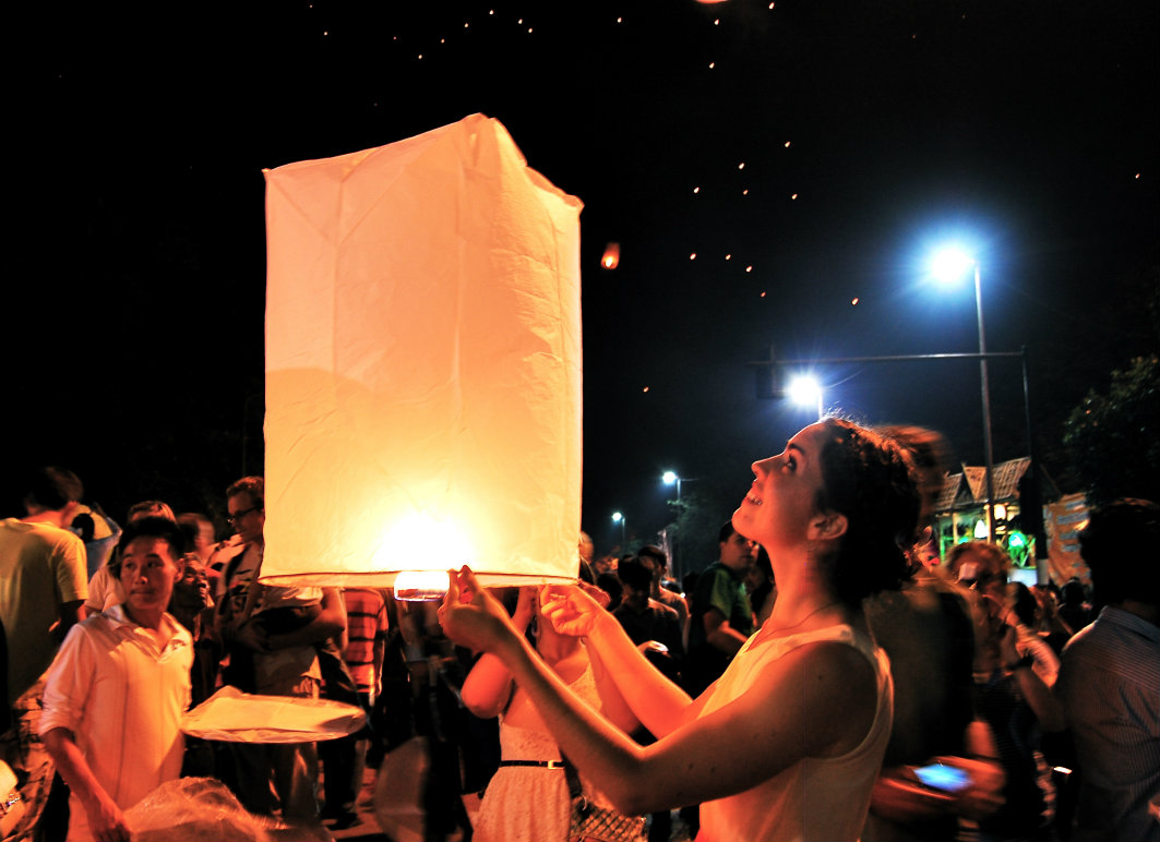 At the Loi Krathong festival (the annual lantern festival)