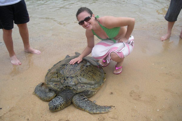 Theresa and a giant turtle in Bali, Indonesia