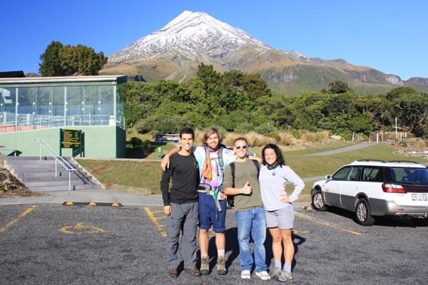 Aaron with friends just before a hike up Mount Taranaki