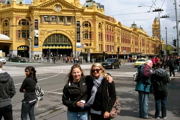 Lindsey and a friend at Flinders Station in Melbourne