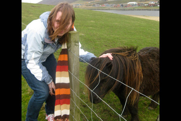 Carolyn petting a Shetland Pony imitation
