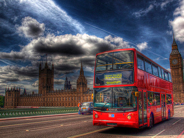 Double-Decker Passing by British Parliament and Big Ben